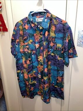 Ete Vintage 80’s Inspired Multicolor Abstract Print Short Sleeve Shirt L